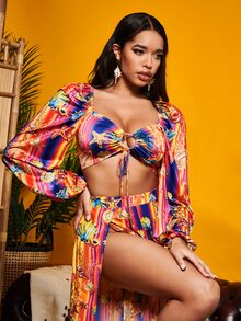 SHEIN SXY Áo nữ Lộ Lưng Cắt ra Xù Buộc lại Thắt nơ trước Thú vật Sọc Boho - Nhiều màu - Xem 3