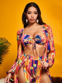 SHEIN SXY Áo nữ Lộ Lưng Cắt ra Xù Buộc lại Thắt nơ trước Thú vật Sọc Boho - Nhiều màu - Xem 4