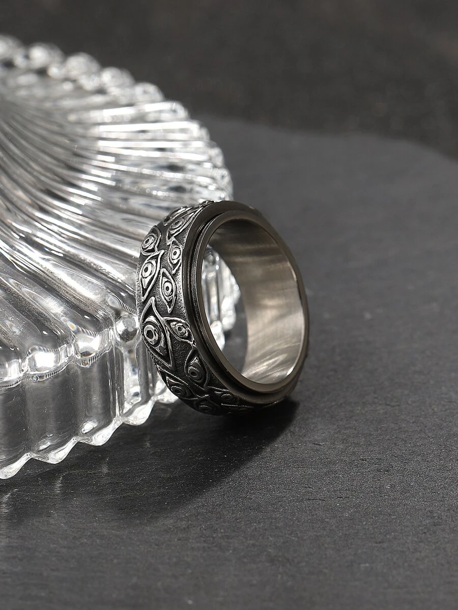 時尚流行男士眼睛雕刻戒指不銹鋼，適合珠寶禮物和時尚外觀 - 銀色 - 查看 1