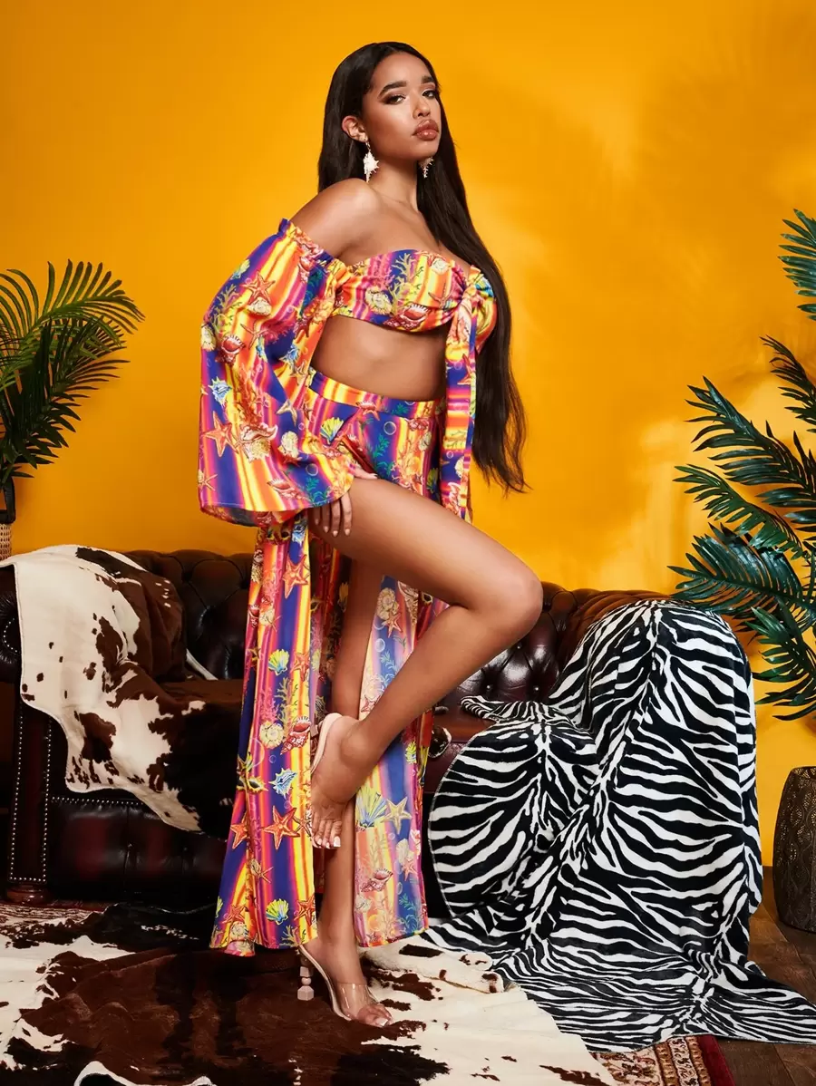 SHEIN SXY Marine Life and Striped Print Off Shoulder Bell Sleeve Tie Front Crop Top & Split Thigh Skirt Set - Multicolor - View 1