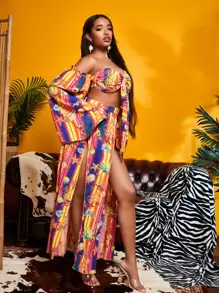 SHEIN SXY Marine Life and Striped Print Off Shoulder Bell Sleeve Tie Front Crop Top & Split Thigh Skirt Set - Multicolor - View 3