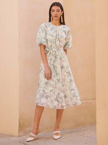 MOTF PREMIUM Vestido con cinturón floral de manga globo - Multicolor - Ver 4