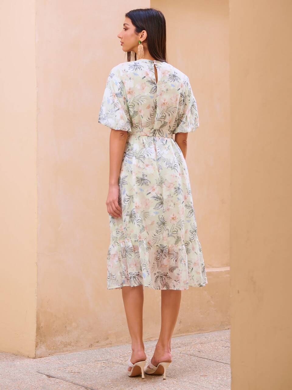 MOTF FLORAL BALLOON SLEEVE BELTED DRESS