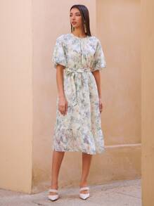 MOTF PREMIUM Vestido con cinturón floral de manga globo - Multicolor - Ver 8