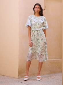 MOTF PREMIUM Vestido con cinturón floral de manga globo - Multicolor - Ver 10