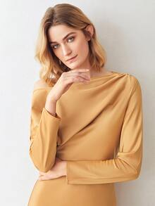 MOTF PREMIUM 不對稱領褶皺洋裝 - 黃色 - 查看 4