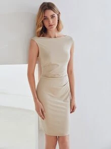 MOTF PREMIUM VISCOSE BOAT NECK BODYCON DRESS - Khaki - View 5