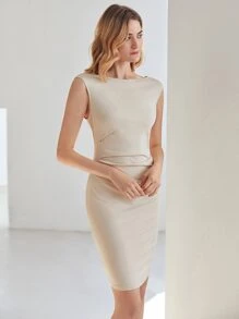 MOTF PREMIUM VISCOSE BOAT NECK BODYCON DRESS - Khaki - View 8