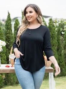 AAmilife Áo thun Plus size Nút màu trơn Giải trí - màu đen - Xem 1