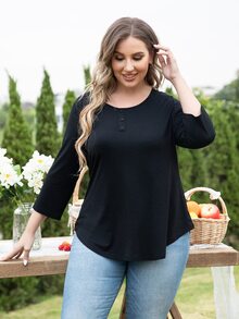 AAmilife Áo thun Plus size Nút màu trơn Giải trí - màu đen - Xem 4