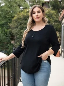 AAmilife Áo thun Plus size Nút màu trơn Giải trí - màu đen - Xem 5