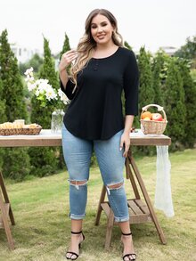 AAmilife Áo thun Plus size Nút màu trơn Giải trí - màu đen - Xem 6