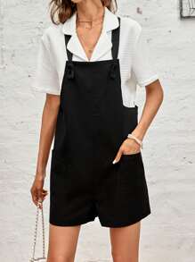 Patched Pocket Knot Detail Romper Without Blouse - Black - View 1