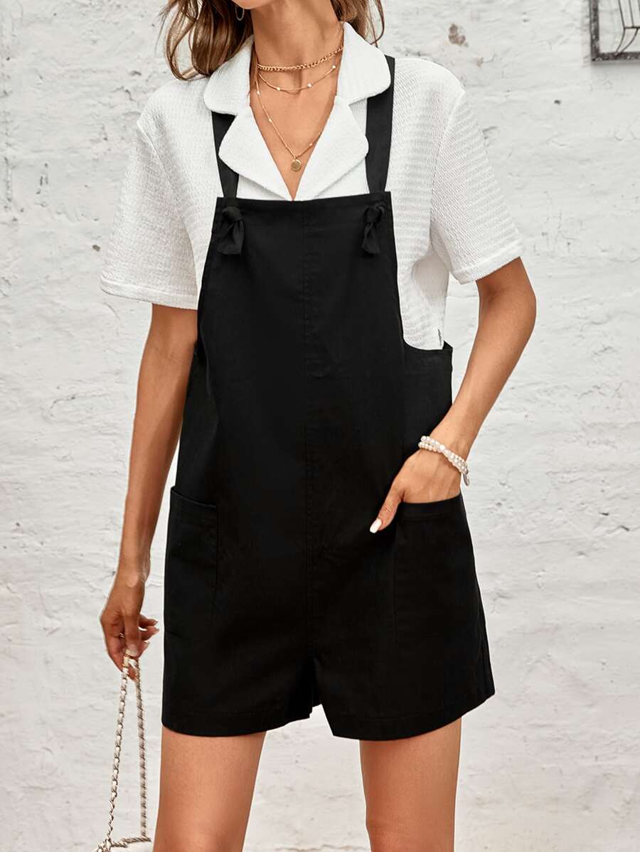 Patched Pocket Knot Detail Romper Without Blouse - Black - View 1