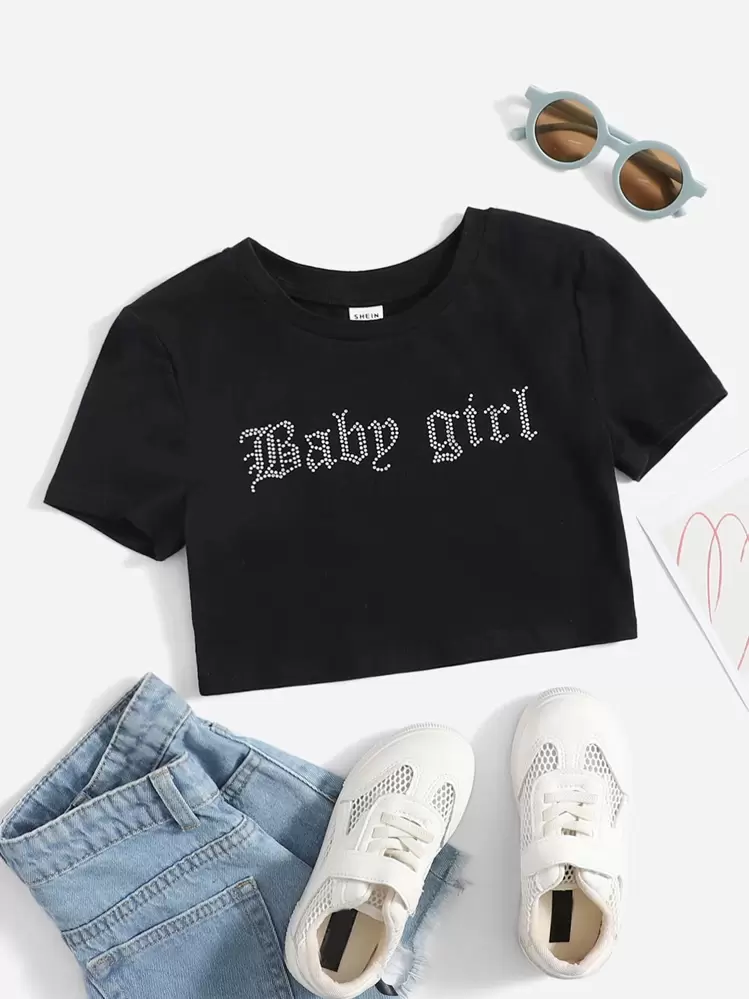 SHEIN Fille T-shirt à slogan à strass court - Noir - Voir 1