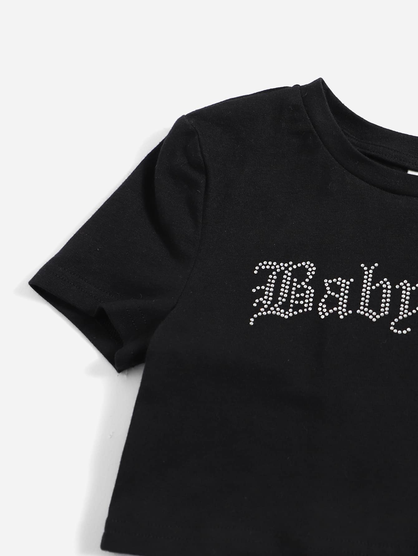 SHEIN Fille T-shirt à slogan à strass court - Noir - Voir 3