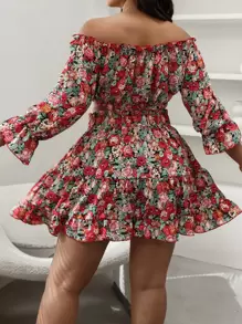 Flirla con estampado floral de hombros descubiertos Top corto & bajo con fruncido Falda - Multicolor - Ver 2