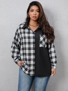 Flirla Plus Plaid Print Drop Shoulder Shirt - Black and White - View 4