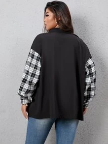 Flirla Plus Plaid Print Drop Shoulder Shirt - Black and White - View 2