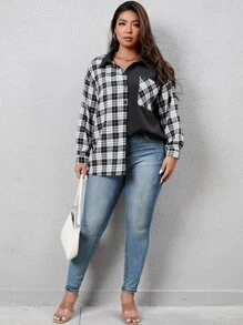 Flirla Plus Plaid Print Drop Shoulder Shirt - Black and White - View 3