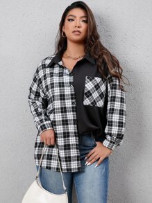 Flirla Plus Plaid Print Drop Shoulder Shirt - Black and White - View 5