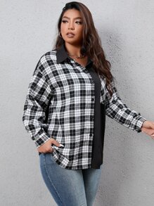 Flirla Plus Plaid Print Drop Shoulder Shirt - Black and White - View 6