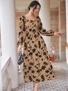 Mulvari Floral Print Lantern Sleeve Square Neck Dress - Khaki - View 1