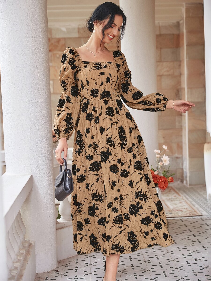 Mulvari Floral Print Lantern Sleeve Square Neck Dress - Khaki - View 1