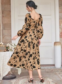 Mulvari Floral Print Lantern Sleeve Square Neck Dress - Khaki - View 2