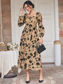 Mulvari Floral Print Lantern Sleeve Square Neck Dress - Khaki - View 3