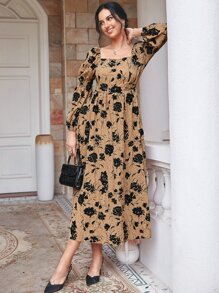 Mulvari Floral Print Lantern Sleeve Square Neck Dress - Khaki - View 4