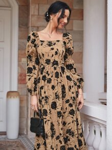 Mulvari Floral Print Lantern Sleeve Square Neck Dress - Khaki - View 6