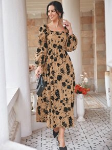 Mulvari Floral Print Lantern Sleeve Square Neck Dress - Khaki - View 8