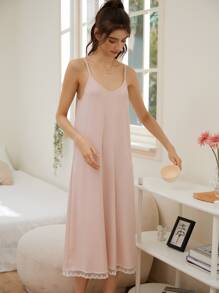 Váy giản dị Nữ Tương phản ren màu trơn Giải trí - Màu Hồng baby - Xem 4