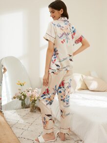 Bird & Floral Print Contrast Piping Satin PJ Set - White - View 2