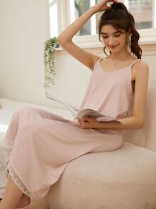 Váy giản dị Nữ Tương phản ren màu trơn Giải trí - Màu Hồng baby - Xem 5