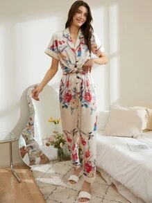 Bird & Floral Print Contrast Piping Satin PJ Set - White - View 3