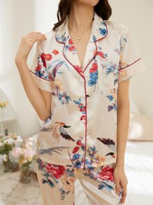 Bird & Floral Print Contrast Piping Satin PJ Set - White - View 4