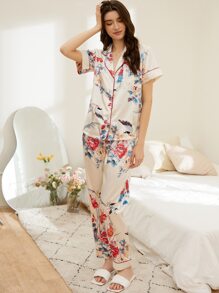 Bird & Floral Print Contrast Piping Satin PJ Set - White - View 5