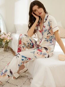 Bird & Floral Print Contrast Piping Satin PJ Set - White - View 6