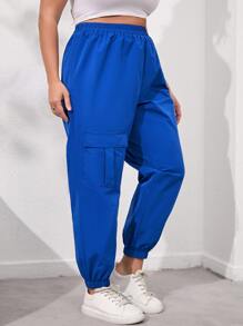 Quần Plus Size Túi màu trơn Giải trí - Xanh đậm - Xem 3