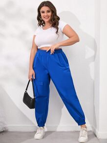 Quần Plus Size Túi màu trơn Giải trí - Xanh đậm - Xem 5