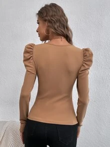 SHEIN Privé Áo thun nữ màu trơn Thanh lịch - màu nâu - Xem 2