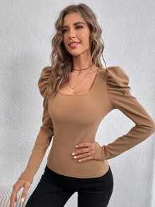 SHEIN Privé Áo thun nữ màu trơn Thanh lịch - màu nâu - Xem 4