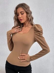SHEIN Privé Áo thun nữ màu trơn Thanh lịch - màu nâu - Xem 5