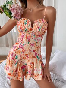 Soleia Áo liền quần nữ viền lá sen Uốn nếp Hoa Tất cả trên in Boho - Nhiều màu - Xem 6