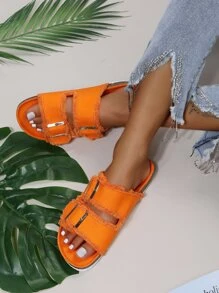Fashionable Outdoors Orange Slide Sandals For Women, Raw Trim Buckle Decor Canvas Open Toe Footbed Sandals - Orange - View 1