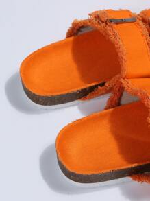 Fashionable Outdoors Orange Slide Sandals For Women, Raw Trim Buckle Decor Canvas Open Toe Footbed Sandals - Orange - View 2