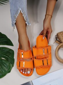 Fashionable Outdoors Orange Slide Sandals For Women, Raw Trim Buckle Decor Canvas Open Toe Footbed Sandals - Orange - View 4