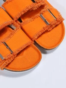 Fashionable Outdoors Orange Slide Sandals For Women, Raw Trim Buckle Decor Canvas Open Toe Footbed Sandals - Orange - View 7